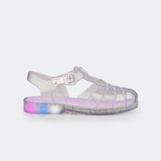 Sandália de Led Infantil Pampili Full Plastic Transparente com Glitter e Lilás - foto lateral com luz de led