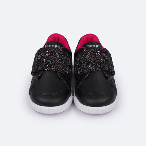 Tênis de Led Infantil Pampili Sneaker Luz Paetê e Briho Preto - frente tênis preto