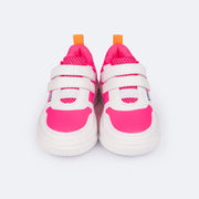 Tênis Infantil Feminino Pampili XP 21 Calce Fácil Velcro Branco e Pink Fluor - parte frontal com elástico e velcro.jpg