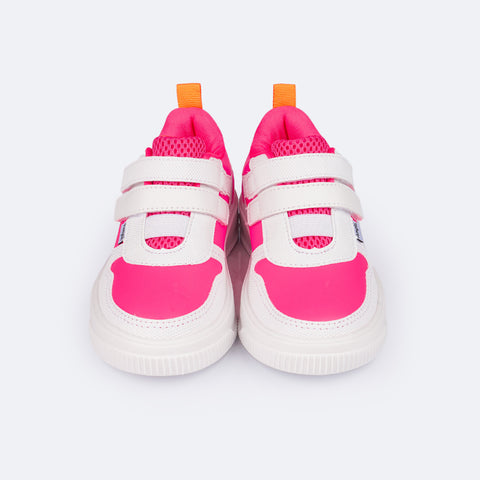 Tênis Infantil Feminino Pampili XP 21 Calce Fácil Velcro Branco e Pink Fluor - parte frontal com elástico e velcro.jpg