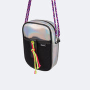 Bolsa Tiracolo Tweenie com Alça Cordão Colorido Holográfica Prata e Preta - bolsa pendurada com alça colorida 