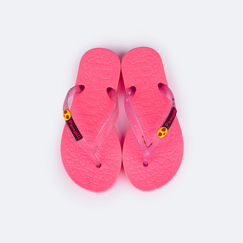 Chinelo Infantil Pampili Likes Emoji Love Eco Amigável Pink Flúor - parte superior da sola com relevo de coração