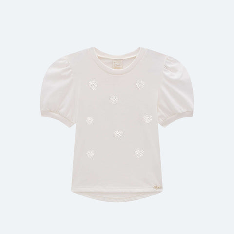 Camiseta Infantil Infanti Brilho Coração Strass  Off White