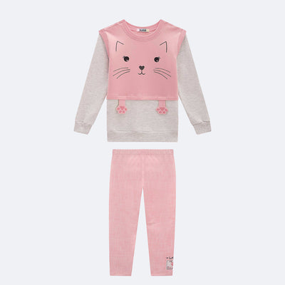 Conjunto Infantil Kukiê Blusão Alongado Gatinha Rosa - frente conjunto infantil inverno