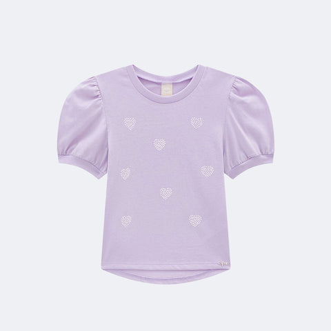 Camiseta Infantil Infanti Brilho Coração Strass Lilás - frente da camiseta infantil feminina