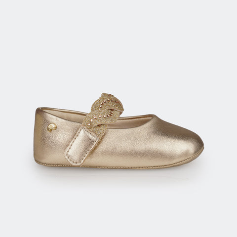 Sapato de Bebê Pampili Nina Calce Fácil e Tira com Glitter e Strass Dourado - foto da lateral do sapato com metal dourado 