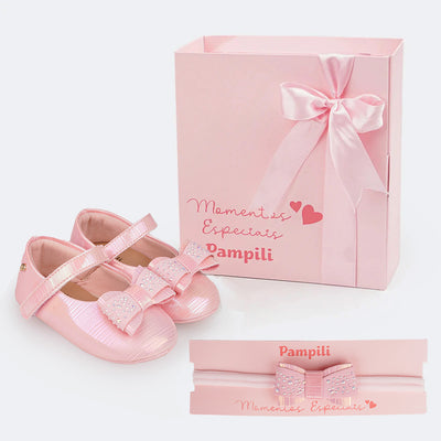 Sapato de Bebê Pampili Nina Momentos Especiais Laço e Strass Holográfico Rosa - sapato com tiara e caixa personalizada 