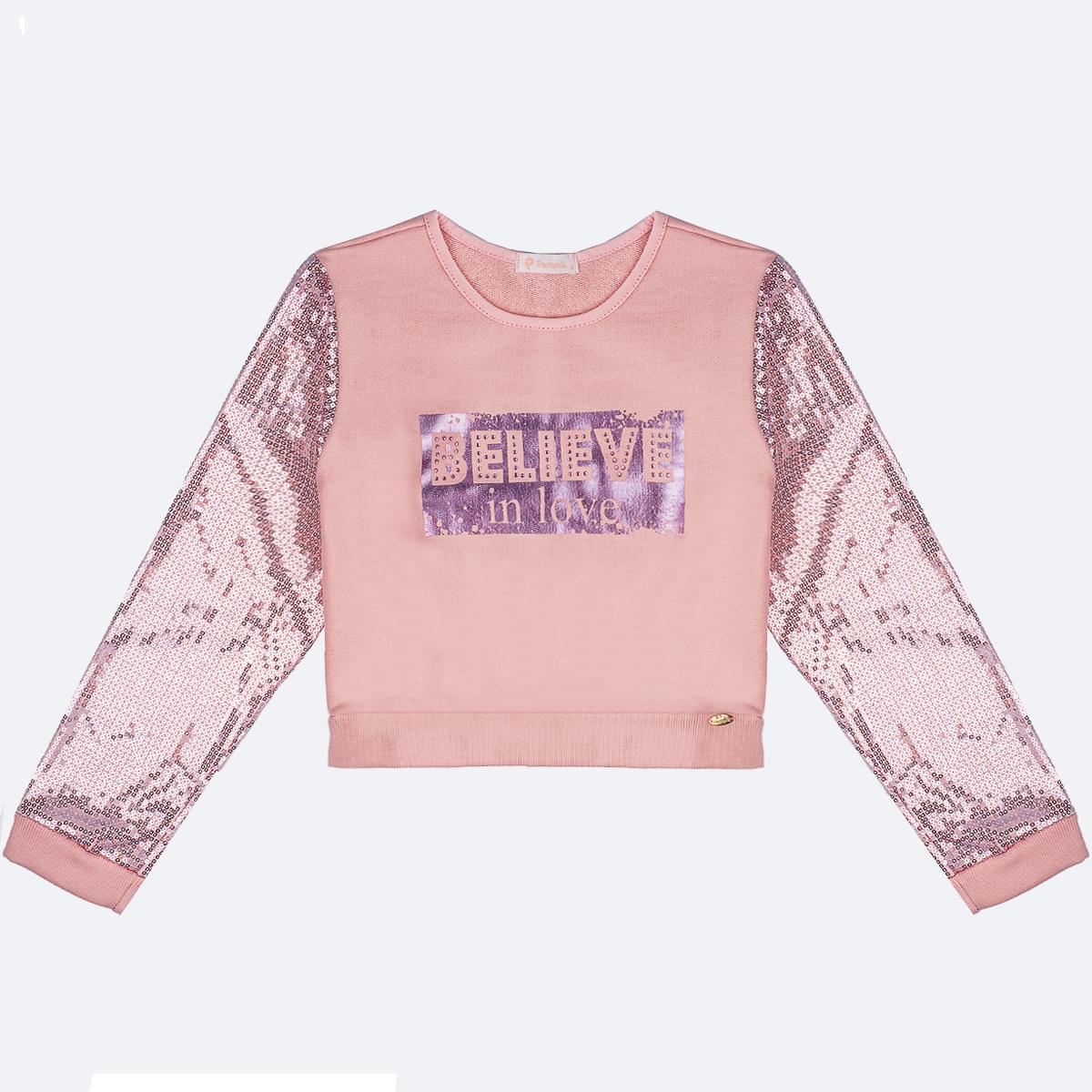 Blusa Infantil Pampili Moletom Paetê Bellieve Rosa Novo - blusa de frio