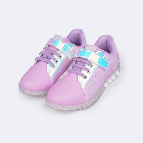 Tênis de Led Infantil Pampili Sneaker Seja Luz Glitter Strass Lilás - frente do tênis infantil feminino de velcro