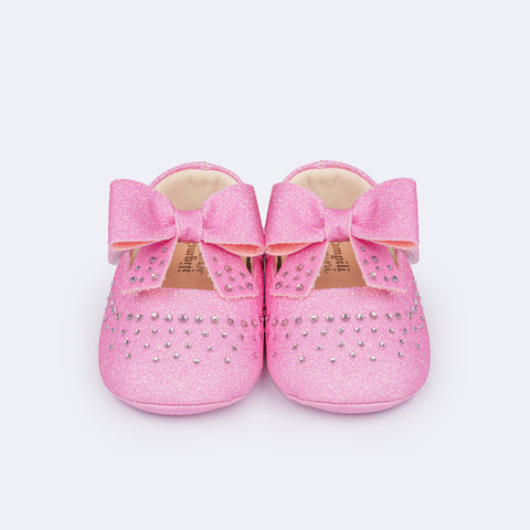 Sapato de Bebê Pampili Nina Momentos Especiais Glitter Strass Rosa Bale - frente sapato de bebê brilho