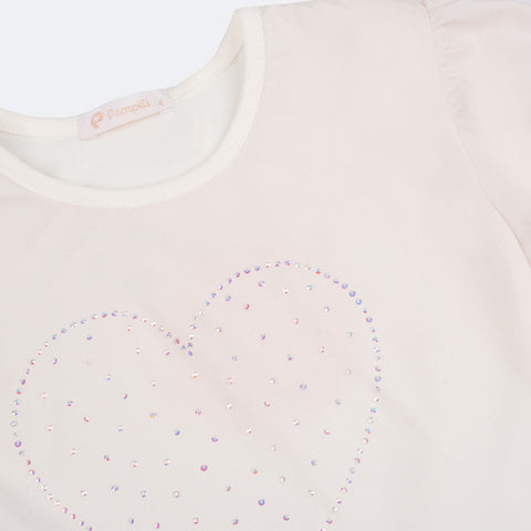 Camiseta Infantil Pampili Coração de Strass Degradê Nude e Dourada - frente da camiseta infantil