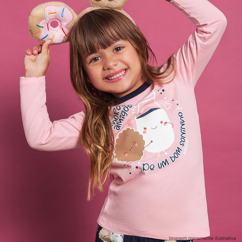 Pijama Infantil Alakazoo Manga Longa Brilha no Escuro Biscoito Rosa e Marinho - frente do pijama feminino