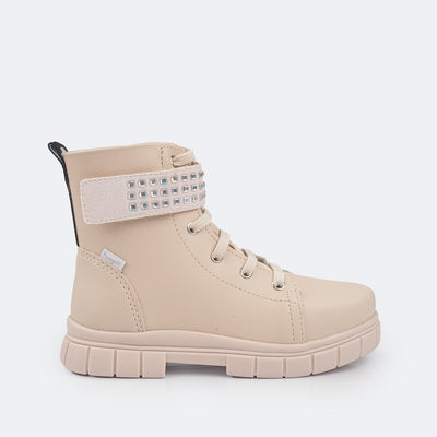 Bota Coturno Feminina Pampili Lucky Tira Strass Nude - lateral bota coturno