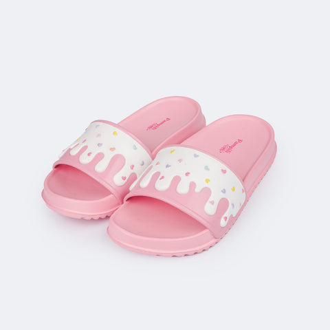 Chinelo Slide Infantil Pampili Fun Glee Doce Rosa e Branco - chinelo infantil feminino rosa