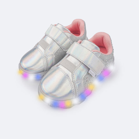 Tênis de Led Infantil Pampili Liz Luz Strass Cascata Holográfico Prata - lateral tênis infantil de led