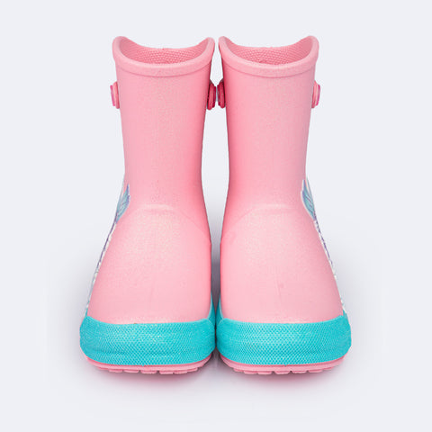 Bota Galocha Infantil Pampili Happy Glee Sereia Glitter Rosa e Azul - frente da galocha infantil