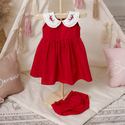 Vestido de Bebê Bambollina com Calcinha Bordado e Saia de Pregas Vermelho - vestido e calcinha de bebê