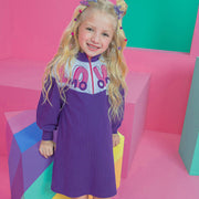 Vestido Infantil Kukiê Manga Longa Bufante Canelado Roxo - frente do vestido infantil manga longa