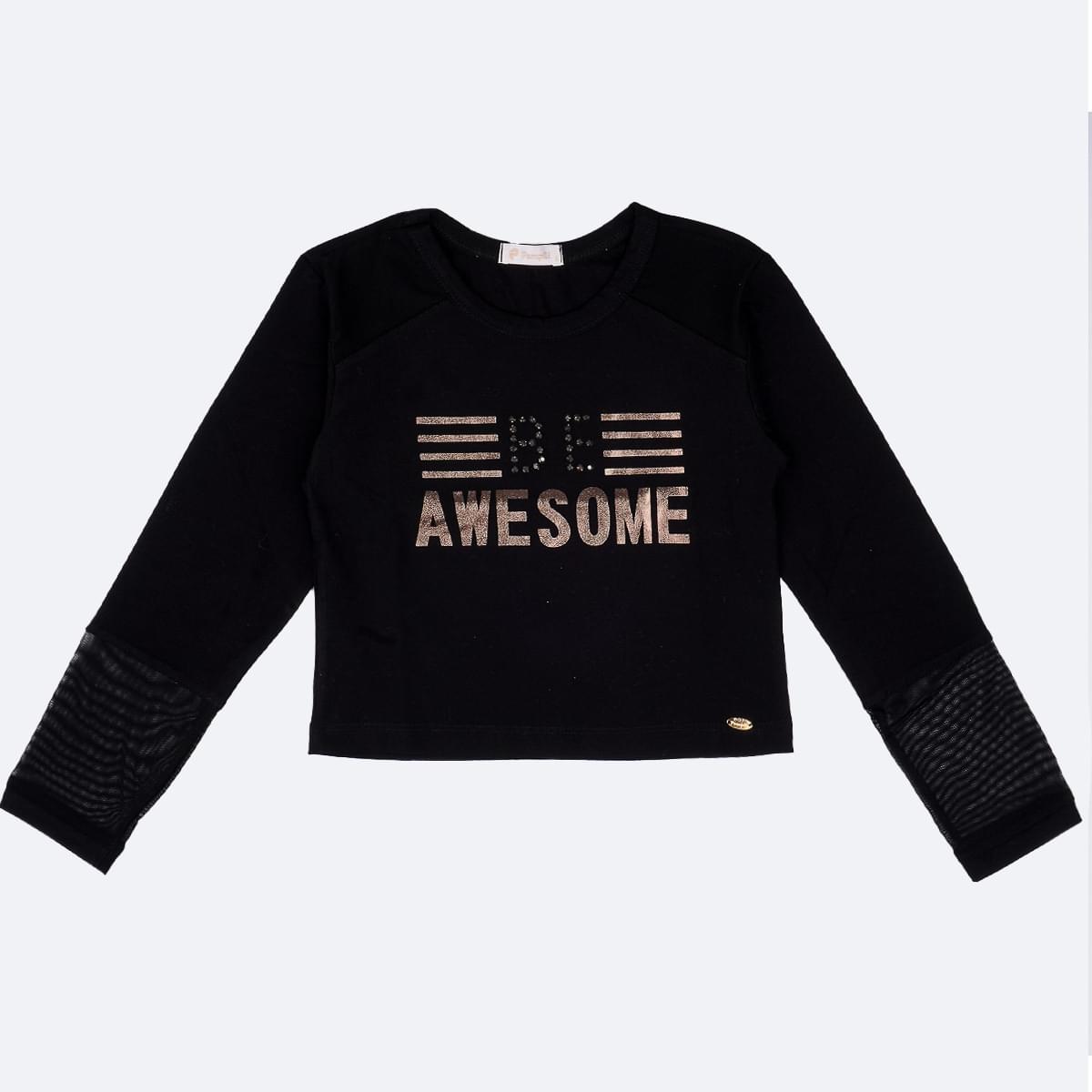 Camiseta Infantil Pampili Manga Longa Be Awesome Preta - frente camiseta preta