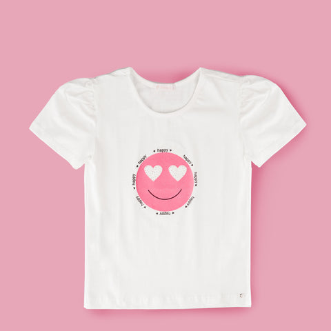 Camiseta T-Shirt Pampili Infantil Feminina Emoji Happy Off White.