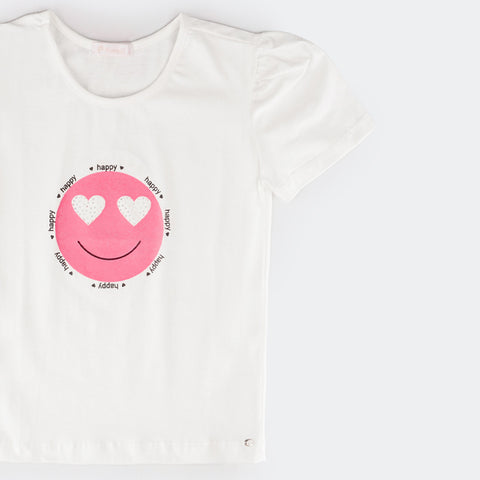 Camiseta T-Shirt Pampili Infantil Feminina Emoji Happy Off White.