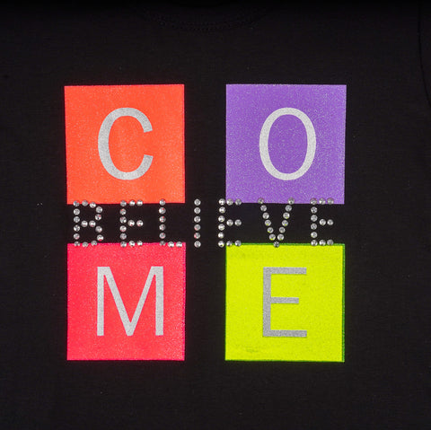 Camiseta Infantil Feminina Pampili Estampa Glitter Neon Come Believe Preta e Colorida - foto da estampa come believe