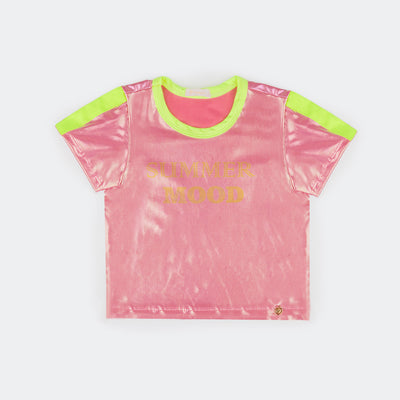Camiseta Infantil Feminina Pampili Holográfica Rosa e Amarelo Neon - foto da frente da camiseta com material holográfico 