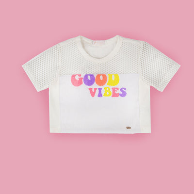 Camiseta Infantil Feminina Pampili Tela e Paetê Estampa Good Vibes Off White.