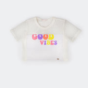 Camiseta Infantil Feminina Pampili Tela e Paetê Estampa Good Vibes Off White.