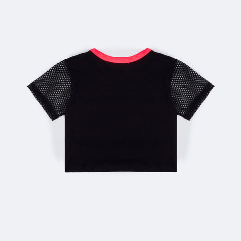 Cropped Infantil Pampili Paetê Preto e Rosa Flúor - parte traseira da blusa 