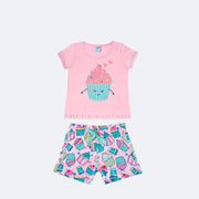 Pijama Infantil Tip Top Glitter Cupcake Rosa - frente do pijama de menina