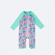 Pijama Macacão Bebê Tip Top Longo Cupcake Rosa e Verde - macacão aberto para vestir a menina
