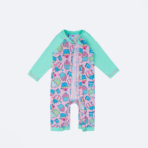 Pijama Macacão Bebê Tip Top Longo Cupcake Rosa e Verde - macacão aberto para vestir a menina