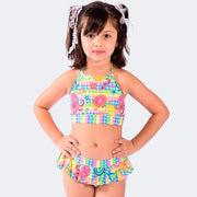 Biquíni Kids Top Cropped Viva Flor com Babado Polvo Colorido - 6 a 10 Anos - frente do biquíni na menina