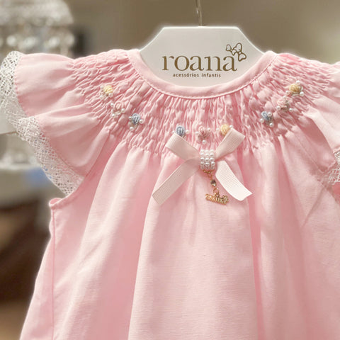 Vestido de Bebê Roana Natal com Calcinha e Pérolas Rosa - vestido bebê com laço e pérola