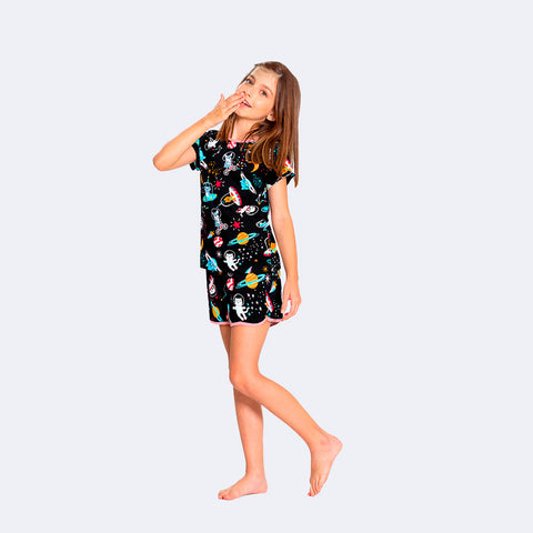 Pijama Kids Alakazoo Space Preto - 4 a 10 Anos - menina com pijama