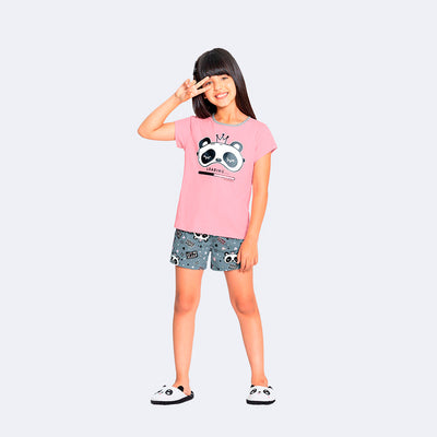 Pijama Infantil Alakazoo Brilha no Escuro Panda Loading Rosa e Cinza.