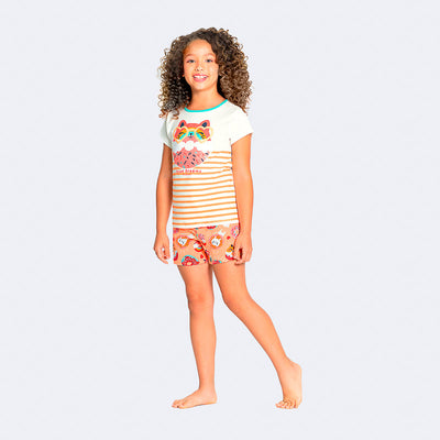 Pijama Infantil Alakazoo Brilha no Escuro Gato Donuts Salmão.