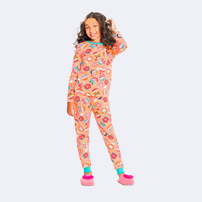 Pijama Infantil Alakazoo Manga Longa Donuts Salmão.