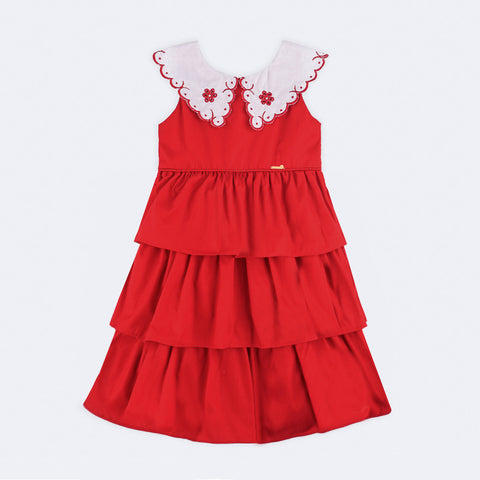 Vestido de Bebê Roana Regata Babados e Bordado Vermelho - 1 Ano - frente do vestido bebê
