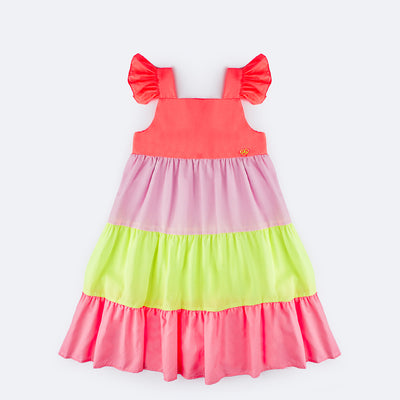 Vestido Infantil Mon Sucré Saia Três Marias e Babados Multicolorido Neon - frente do vestido
