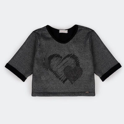 Blusa 3/4 Infantil Pampili Coração Paetê Preto.