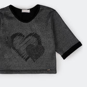 Blusa 3/4 Infantil Pampili Coração Paetê Preto.