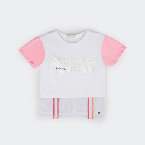 Camiseta Infantil Feminina Pampili Seja Luz Braile Strass Branca  - foto da parte frontal com estampa