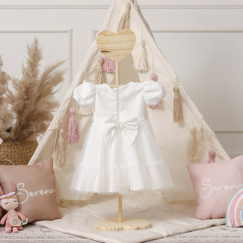 Vestido de Bebê Bambollina de Tule Poá e Pérola Branco - 0 a 12 Meses - costas do vestido com laço