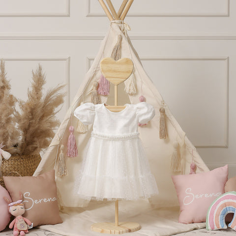 Vestido de Bebê Bambollina de Tule Poá e Pérola Branco - 0 a 12 Meses - frente do vestido bebê