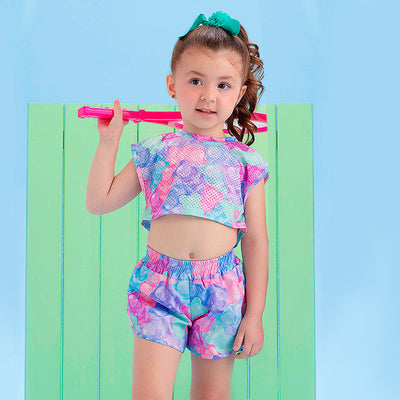 Conjunto Fitness Infantil Mon Sucré Três Peças Bubble Gum Estampado Lilás - conjunto na menina