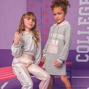 Vestido Infantil Infanti Moletom com Capuz Cinza e Rosa Claro