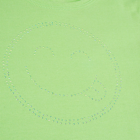 Camiseta Infantil Kukiê Emoji Feliz Strass Verde - detalhe emoji em strass