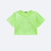 Camiseta Infantil Kukiê Emoji Feliz Strass Verde - frente da camiseta